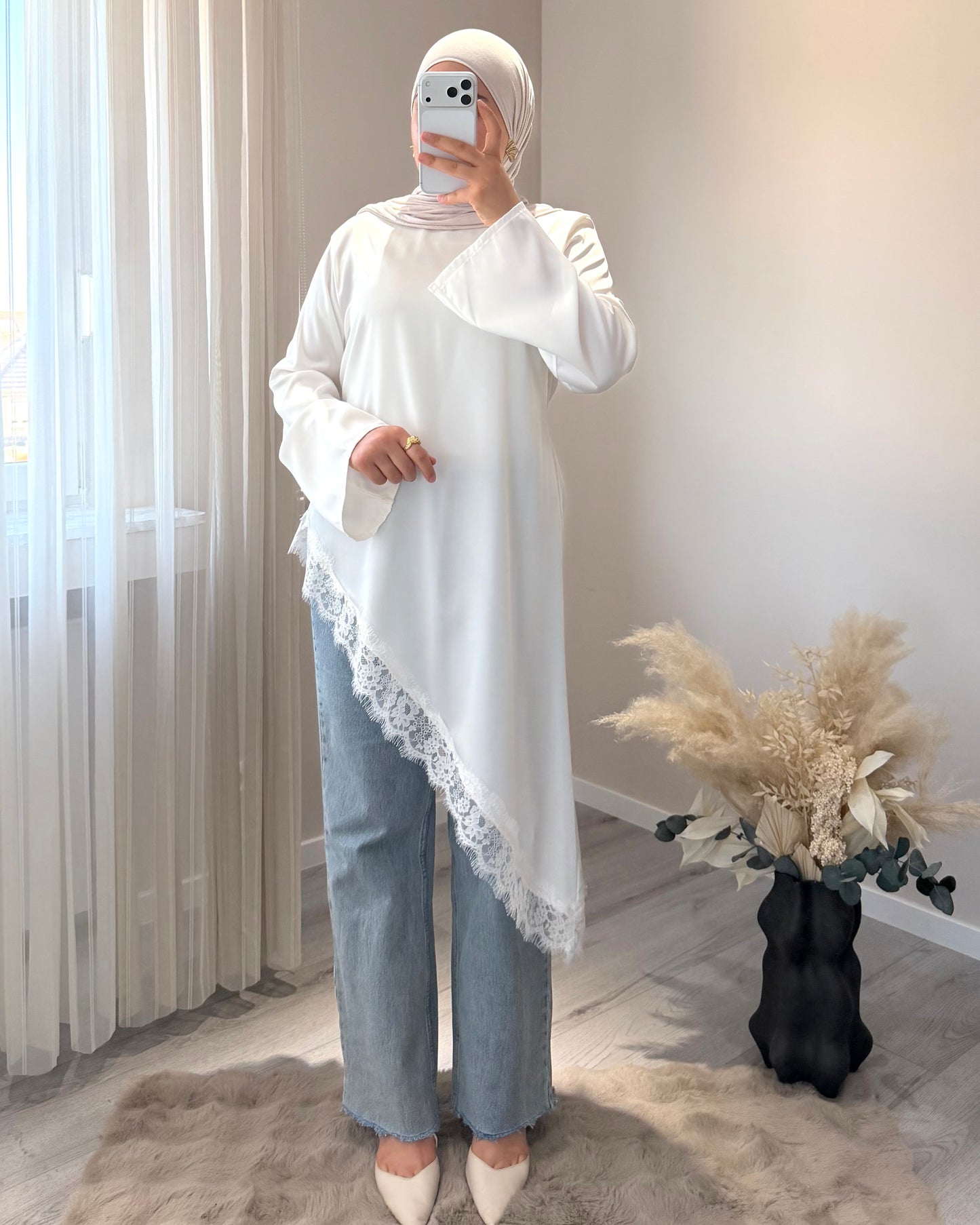 Satin Oberteil mit Spitze lang