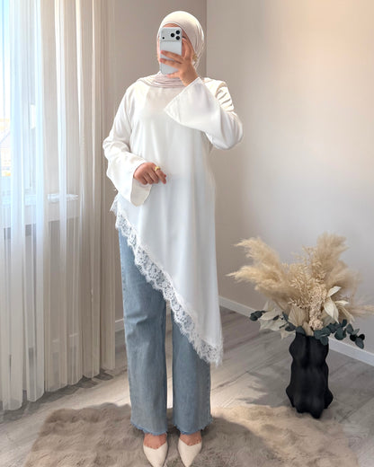 Satin Oberteil mit Spitze lang