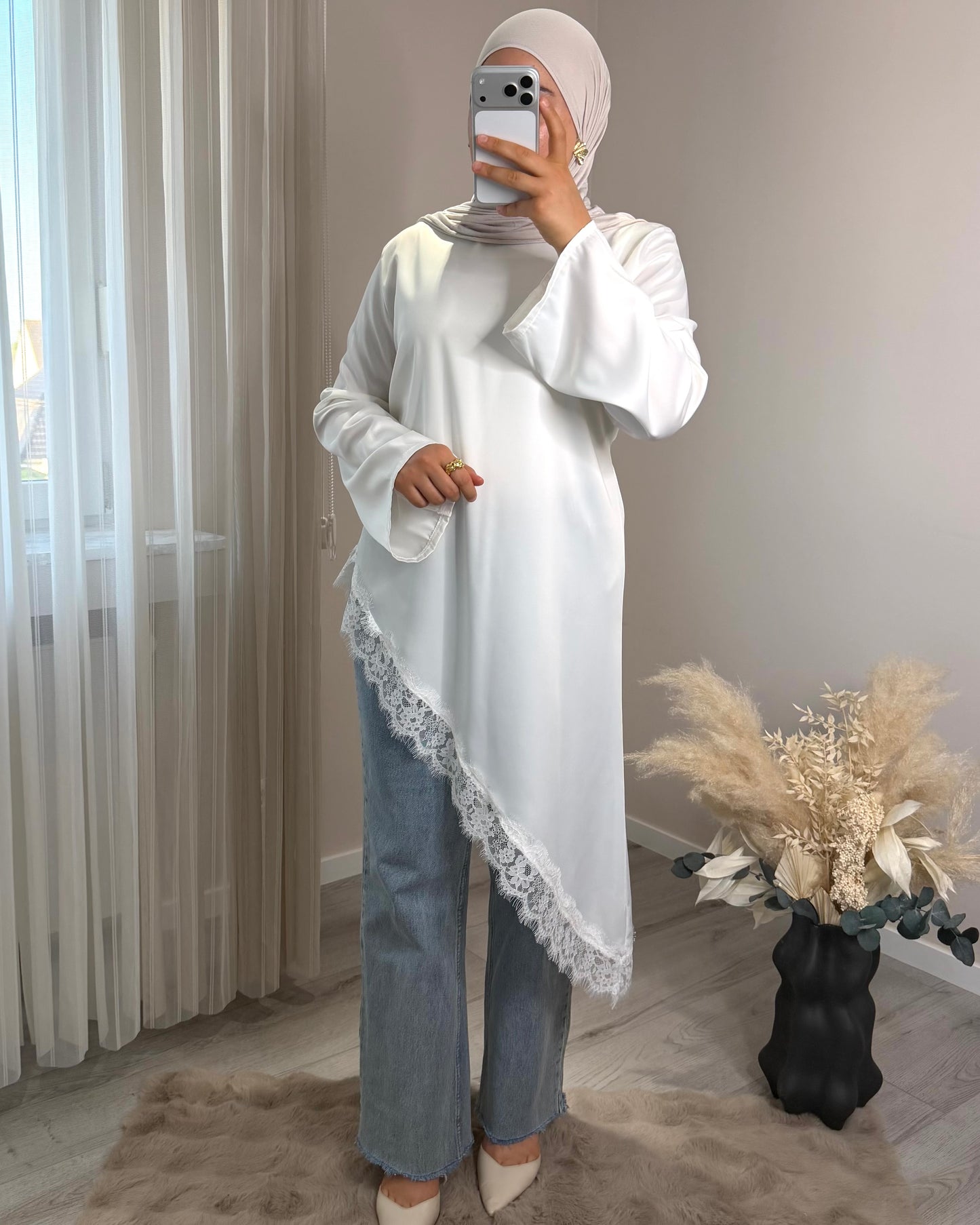 Satin Oberteil mit Spitze lang