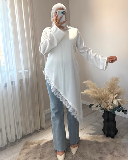 Satin Oberteil mit Spitze lang